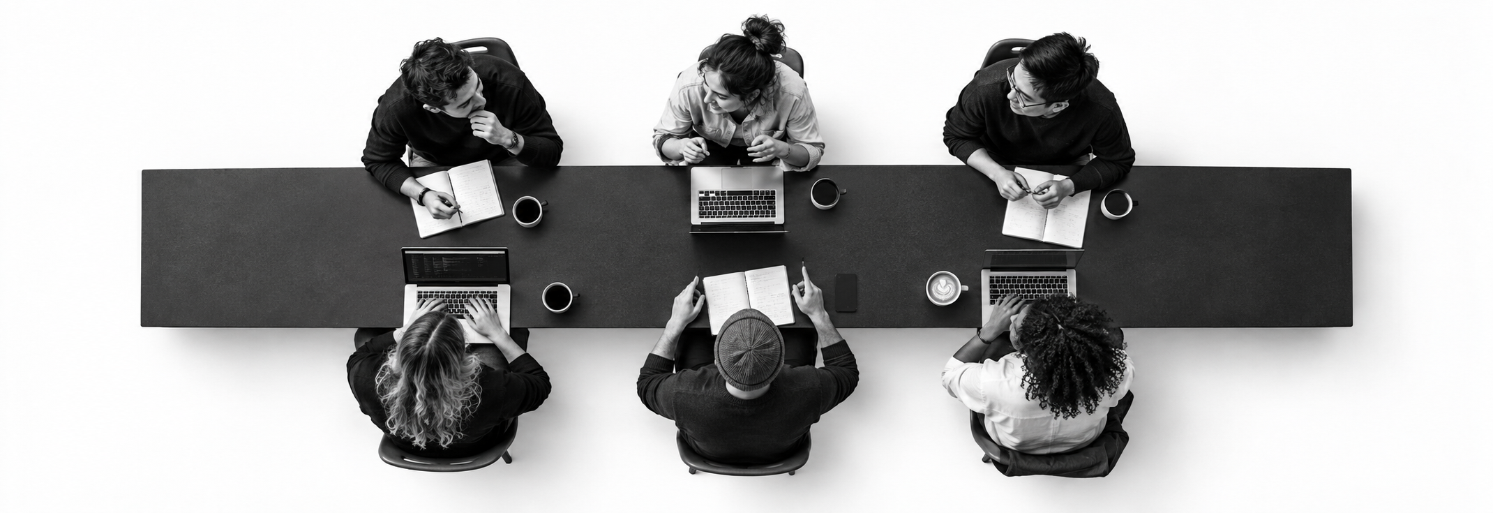 Six people gathered around one long, em-dash-shaped table, sharing laptops, coffee and ideas.